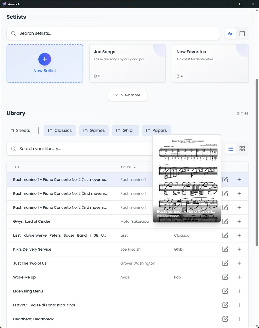 AuraFolio list view